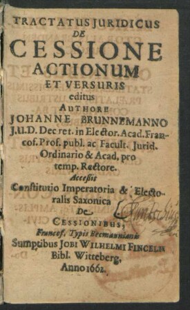 Tractatus Iuridicus De Cessione Actionum Et Versuris