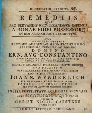 Dissertatio Ivridica De Remediis Qvae Pro Servandis Recvperandisve Impensis A Bonae Fidei Possessore In Rem Alienam Factis Competvnt
