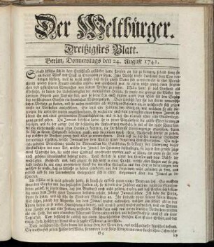 Dreißigstes Blatt. Berlin, Donnerstags den 24. August 1741.