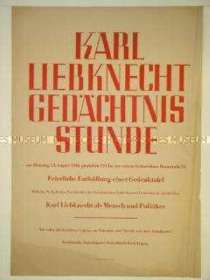 Maueranschlag mit Ankündigung einer Karl Liebknecht Gedächtnis-Stunde in Leipzig
