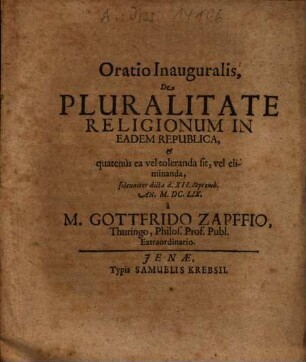 Oratio Inauguralis, De Pluralitate Religionum In Eadem Republica ...
