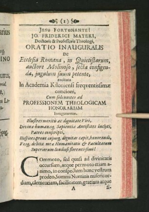 Jo. Friderici Mayeri, Doctoris & Professoris Theologi, Oratio Inauguralis ...