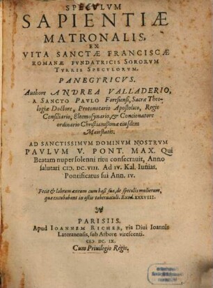 Speculum Sapientiae matronalis ex vita S. Franciscae Romanae