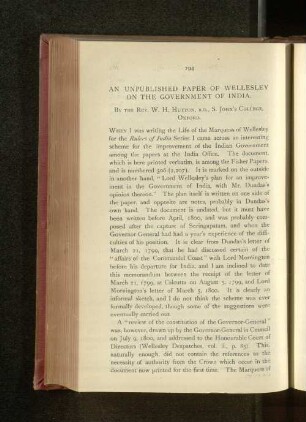 An Unpublished Paper of Wellesley on the Government of India.