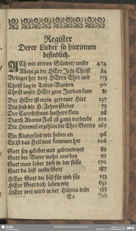 Register Derer Lieder so hierinnen befindlich
