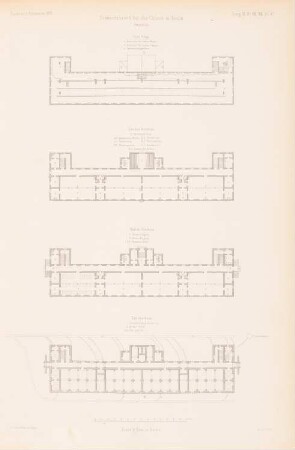 Sommerlazarett der Charité, Berlin: Grundriss EG, 1.OG, 2.OG, DG (aus: Atlas zur Zeitschrift für Bauwesen, hrsg. v. G. Erbkam, Jg. 3, 1853)