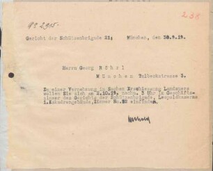 Ladung und Vernehmung des Zeugen Georg Röhrl, Schriftsetzer, über die Erschießung Landauers