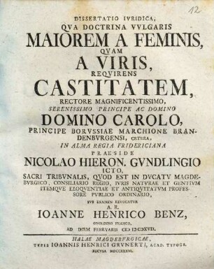 Dissertatio Ivridica, Qva Doctrina Vvlgaris Maiorem A Feminis, Qvam A Viris, Reqvirens Castitatem