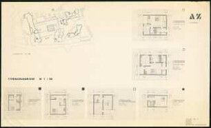 Altenwohnheim und Pflegeheim, Wettbewerb, Wiesbaden: Lageplan 1:500, Typengrundriss für Altenwohnheim, Pflegeheim, Schwesternwohnheim, Hotel 1:50