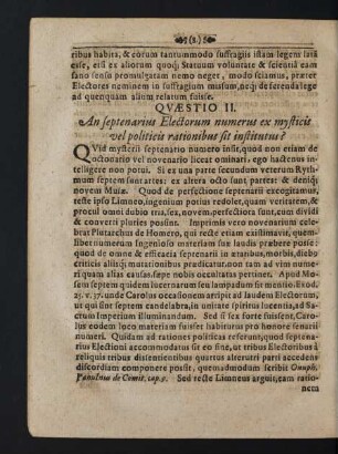 Quaestio II. An Septenarius Electorum numerus ex mysticis vel politicis rationibus sit institutus?