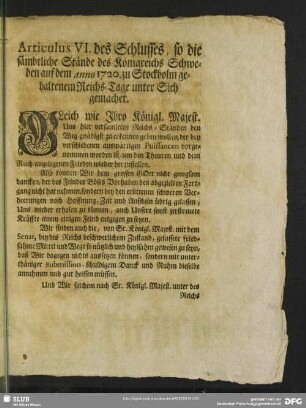 Articulus VI. des Schlusses, so die sämbtliche Stände des Königreichs Schweden auf dem anno 1720 zu Stockholm gehaltenen Reichs-Tage unter Sich gemachet