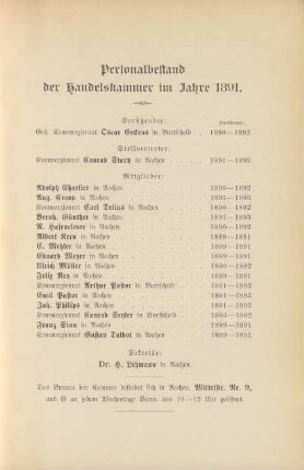 Personalbestand der Handelskammer im Jahre 1891.