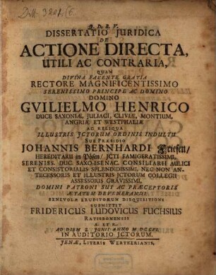 Dissertatio Juridica De Actione Directa, Utili Ac Contraria
