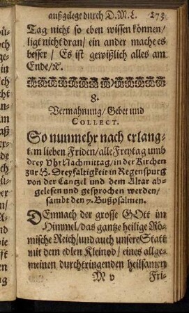 8. Vermahnung/ Gebet und Collect.