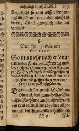 8. Vermahnung/ Gebet und Collect.