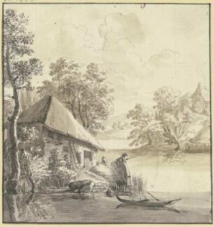 Bauernhaus am Wasser, davor ein Angler