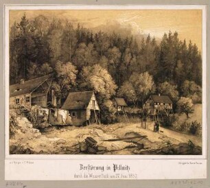 Ruinen von Bauernhäusern im Meixgrund in Pillnitz bei Dresden nach einer durch einen Wolkenbruch ausgelösten Wasserflut am 27. Juni 1850