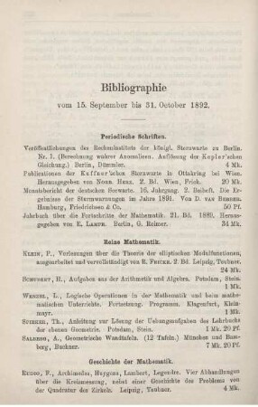 Bibliographie vom 15. September bis 31. October 1892.