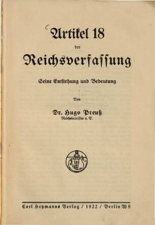 Artikel 18 der Reichsverfassung : Seine Entstehung und Bedeutung