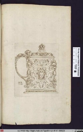 Deckelkrug, mit Ornamenten, Früchten und Masken verziert