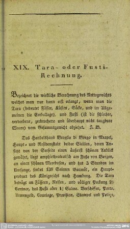 XIX. Tara- oder Fustirechnung