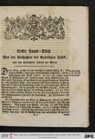 Erster Haupt-Titul: Von den Geschichten des Kaiserlichen Hofes, und den Erblanden disseits der Alpen
