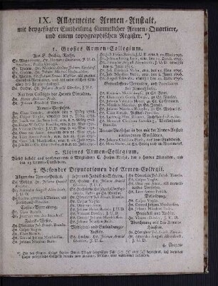 IX. Allgemeine Armen-Anstalt, mit beygefügter Einhteilung sämmtlicher Armen-Quartiere, und einem topographischen Register.