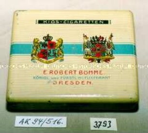 Blechdose für 20? Stück "KIOS-CIGARETTEN E.ROBERT BÖHME, DRESDEN" (Abbildung zweier gekrönter Wappen)