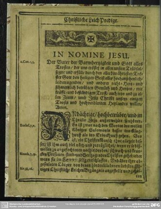 Leichenpredigt : Christliche LeichPredigt. [Eingang]. Textus. Exordium. Propositio, Explicatio
