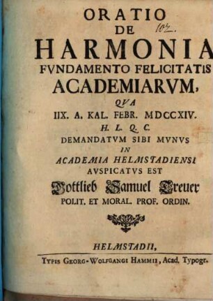 Oratio de harmonia fvndamento felicitatis academiarvm