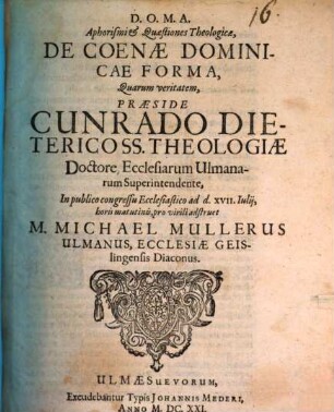 Aphorismi et quaestiones theol. de coenae dominicae forma