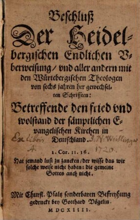 Beschluß der Heidelbergischen endlichen Ueberweisung ... betreffend den frieden der ... evangelischen Kirchen in Deutschland