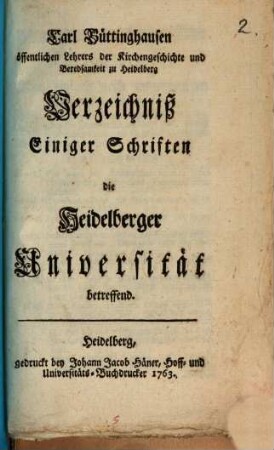 Verzeichniß einiger Schriften, die Heidelberger Universität betreffend