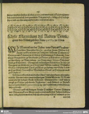 Käyser Maximiliani deß Andern Privilegium den Müntzgesellen Anno 1571. zu Wien gegeben