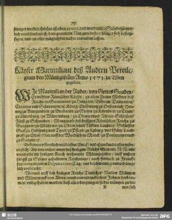 Käyser Maximiliani deß Andern Privilegium den Müntzgesellen Anno 1571. zu Wien gegeben