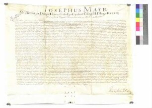 Doktordiplom der Universität Dillingen unter dem Rektor Joseph Mayr für Johann Kaspar von Bauer, ellwangischer Kanoniker und Pfarrer in Rettenbach