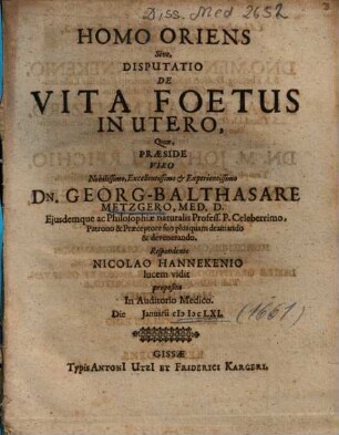 Homo Oriens Sive, De Vita Foetus In Utero