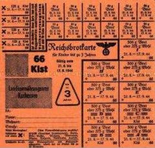 Lebensmittelmarken - Reichsbrotkarte 66 Klst für Kinder bis zu 3 Jahren