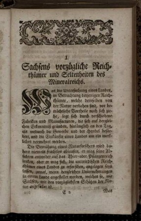 I. Sachsens vorzügliche Reichthümer und Seltenheiten des Mineralreichs.