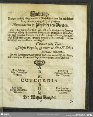 Nachtrag Einiger annoch eingelauffenen Nachrichten von der prächtigen Den 7. 8. und 9. August. 1736. gewesenen Illumination in Neustadt bey Dreßden