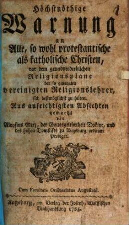 Höchstnöthige Warnung an Alle ... Christen, ... vor dem Religionsplane der ... vereinigten Religionslehrer ..