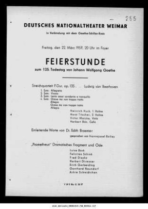 Feierstunde zum 125. Todestag von Johann Wolfgang Goethe