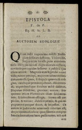 Epistola [...] Ad Auctorem Neologiæ