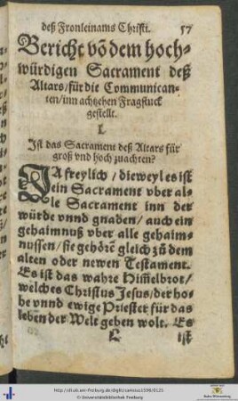 Bericht von dem hochwürdigen Sacrament deß Altars