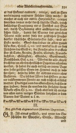 III. Bey glücklich abgewendeten schweren Ungewitter