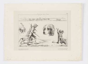 Skizzenblatt mit Jagdhunden, Hase, Hundekopf, Jäger mit Hund auf Fuchsjagd und schreibendem Kind, Blatt 49 der Folge "Croquis par divers artistes"