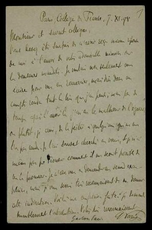Nr. 1: Postkarte von Gaston Paris an Edward Schröder, Paris, 7.11.1898