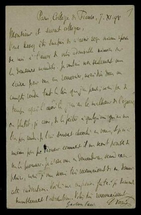 Nr. 1: Postkarte von Gaston Paris an Edward Schröder, Paris, 7.11.1898