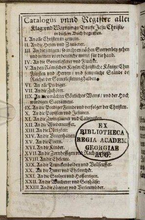 Catalogus unnd Register aller Klag: und Warnungs Briefe Jesu Christi, in diesem Buch begriffen