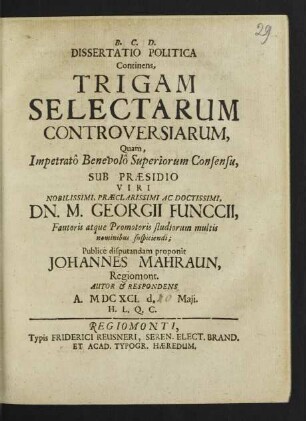 Dissertatio Politica Continens, Trigam Selectarum Controversiarum